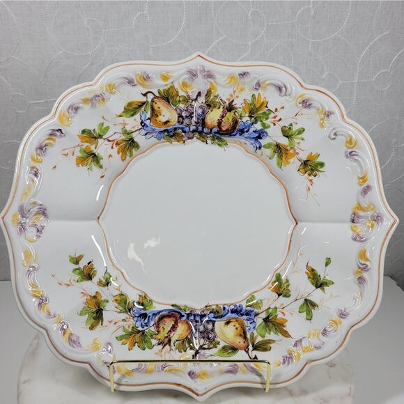 Vintage Italian Serving Platter Scallop Raised 13" White Floral Serving Plate - Picture 3 of 16